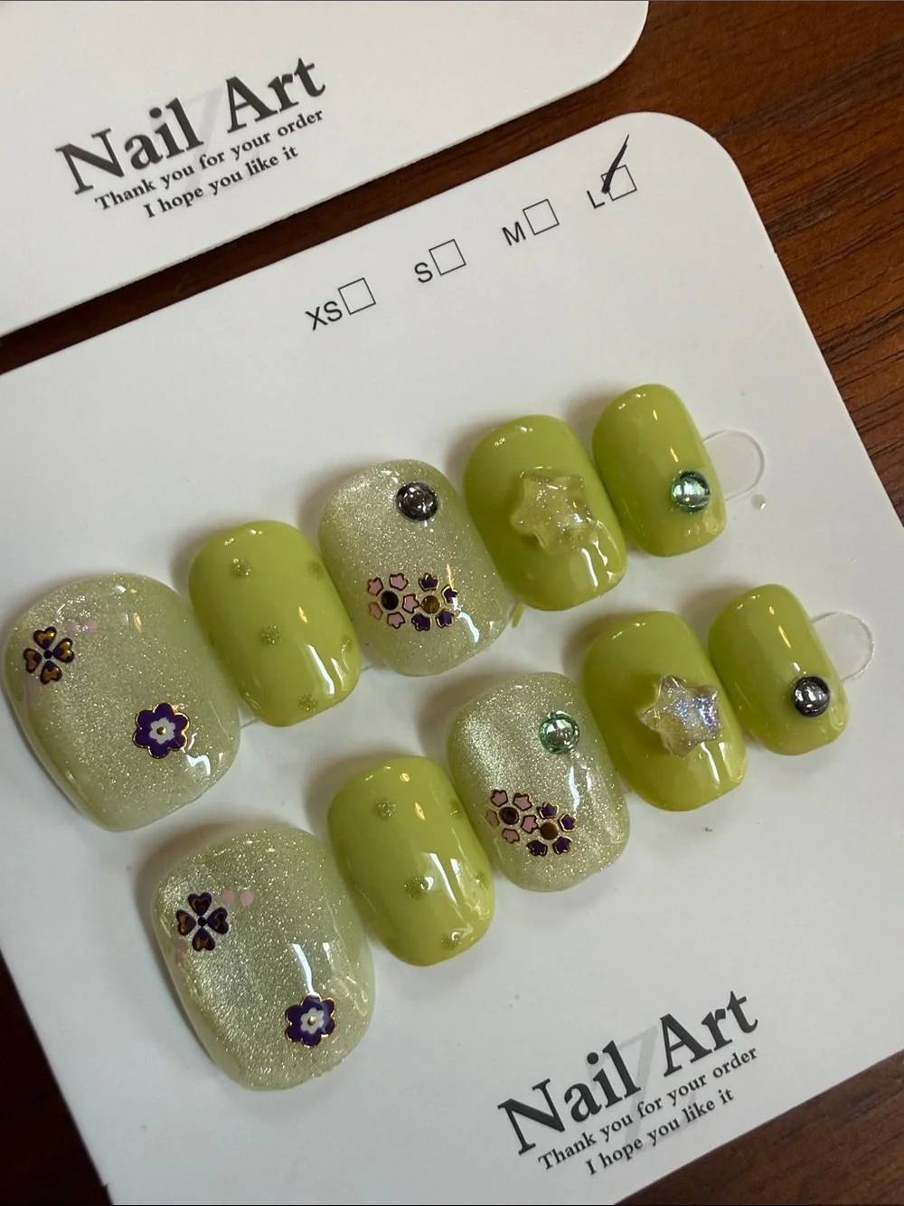 3D Gold & Glitter Press-On Nails + Lime Green Gem Accents Cat Eye - Short large